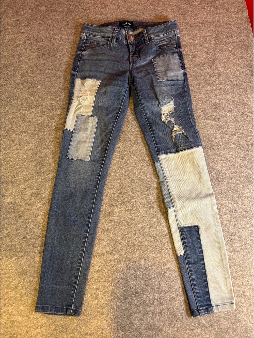 Bebe Women’s Size 25 Blue Patchwork Distressed Skinny Jeans